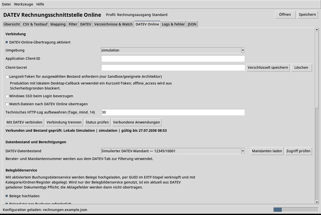 Originalansicht der OREONX DATEV-Schnittstelle mit Mapping-Profil und DATEV-Online-Einstellungen.